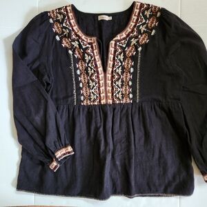 Faherty Embroidered Peasant Blouse Black Boho Long Sleeve Top Size M